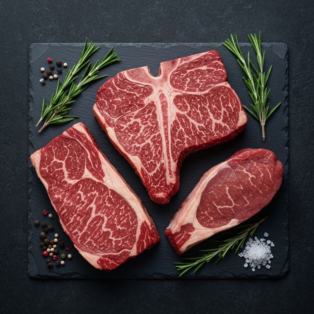 Premium beef cuts including ribeye and T-bone on a dark slate board with rosemary and sea salt