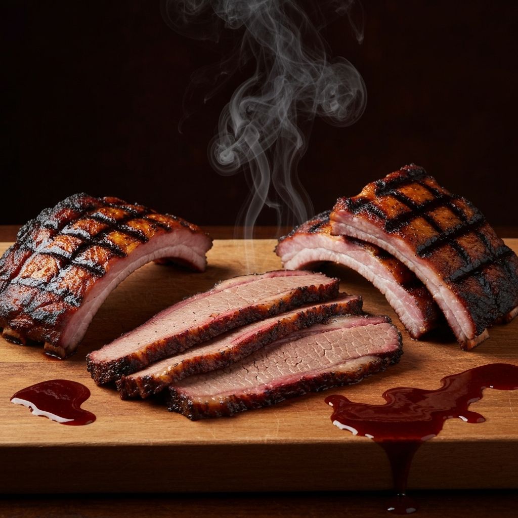 Smoked brisket and pork ribs sliced on a rustic wooden board with visible smoke ring